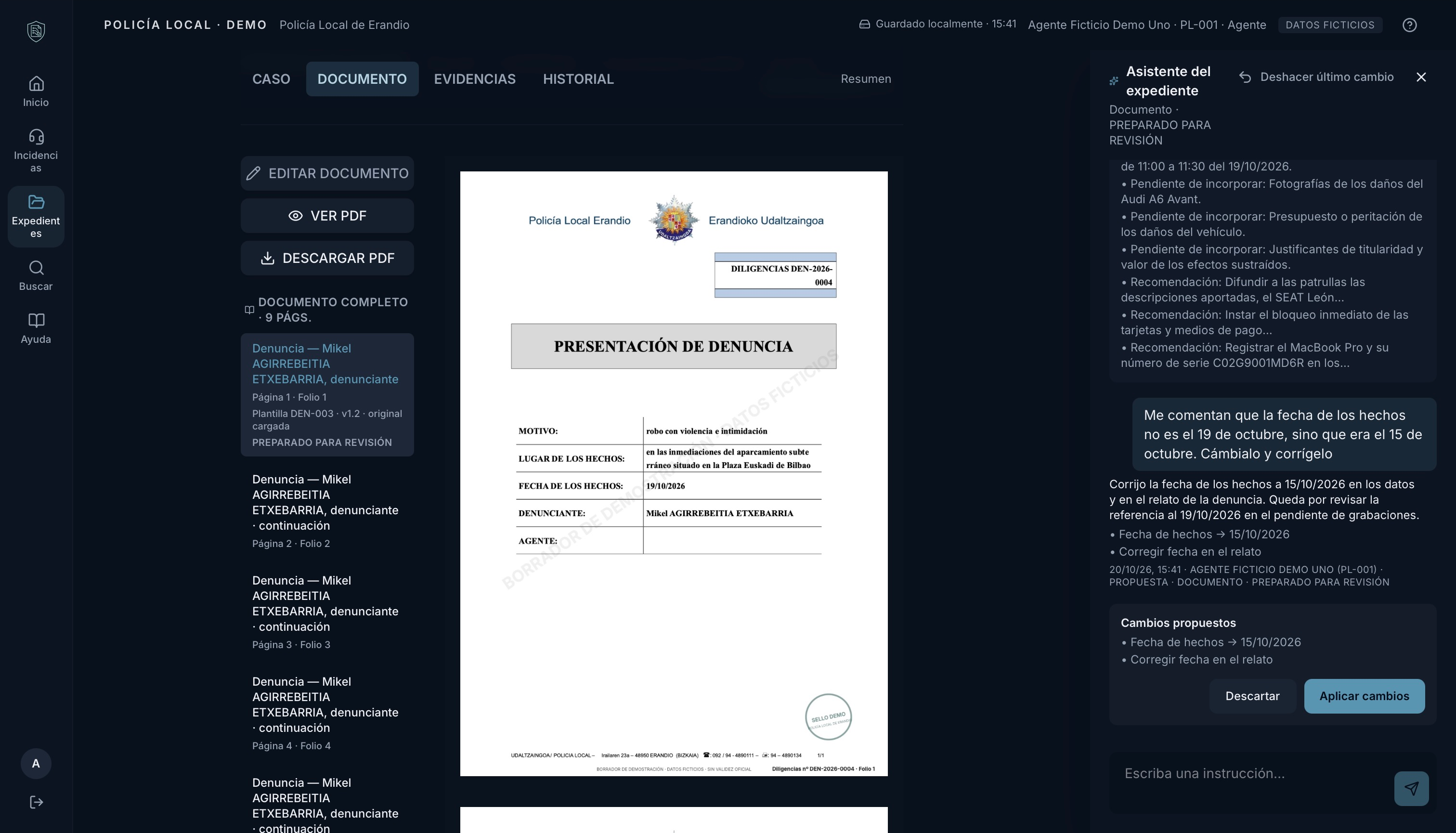 Documento y asistente: pantalla de la demo CONEX con datos ficticios
